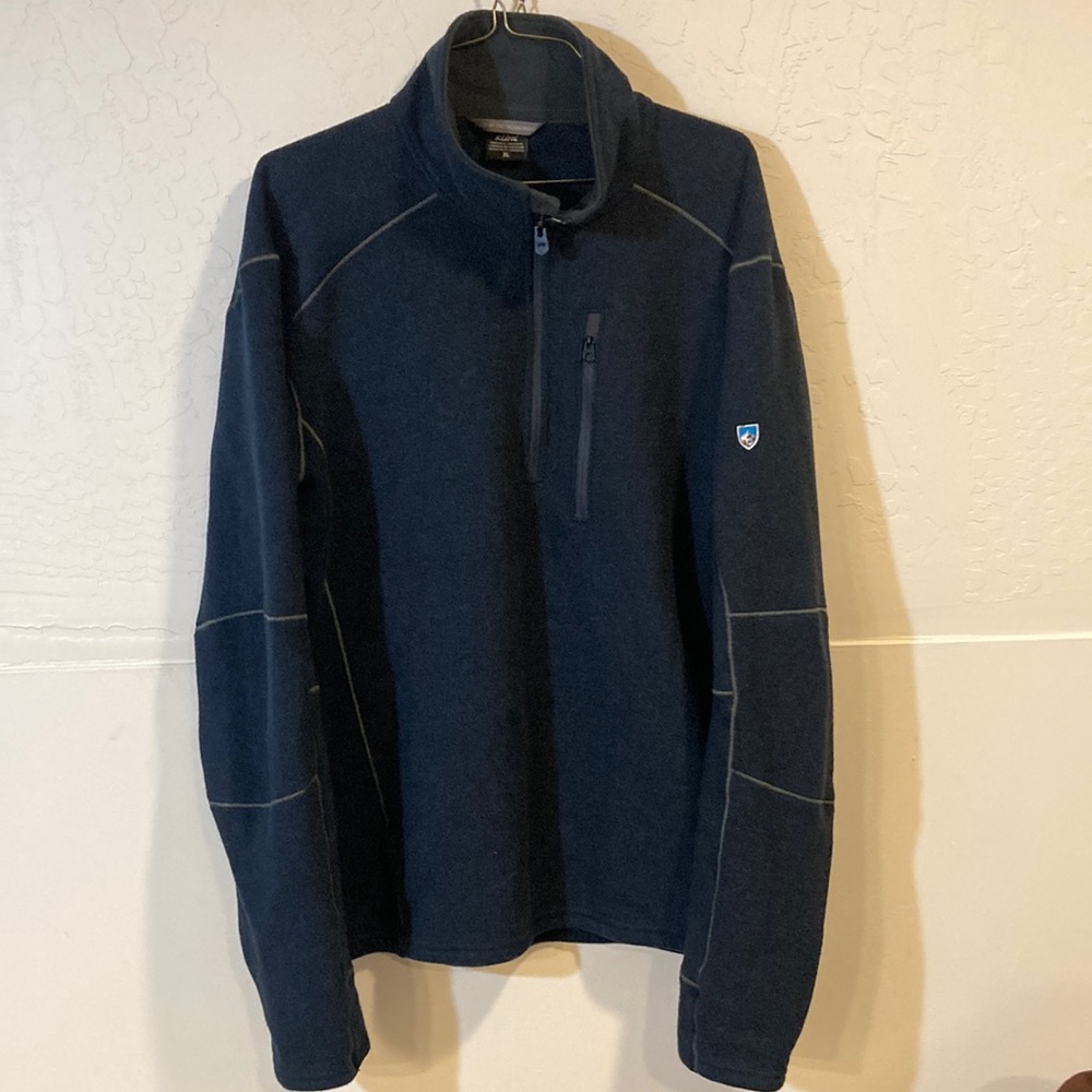 KUHL BORN IN THE MOUNTAINS DEEP BLUE AND GRAY LOGO 1/4 ZIP PULLOVER SWEATER XL